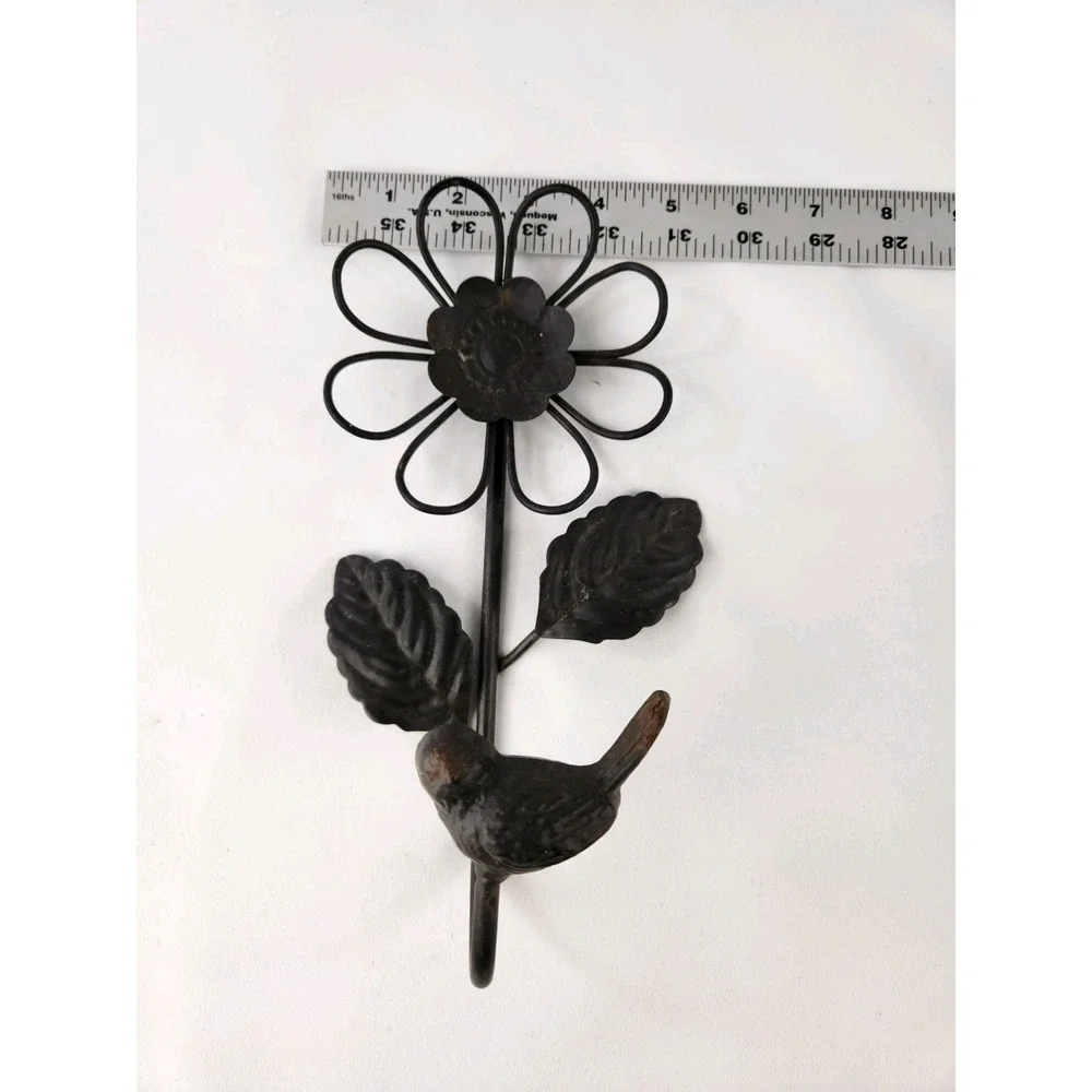 Bird and Flower Decorative Cast Metal Wall Mount Rustic Hook Daisy Cottagecore